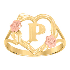 10Kt Two-Tone Gold Womens Dc Textured Initial Letter P Heart Band Ring