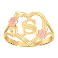 10Kt Two-Tone Gold Womens Dc Textured Initial Letter S Heart Band Ring
