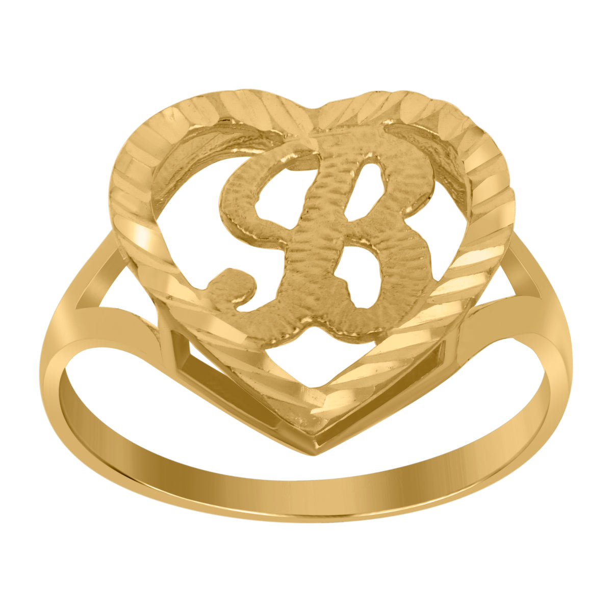 10kt Yellow Gold Womens Diamond-Cut Textured Heart Initial Letter B Band Ring
