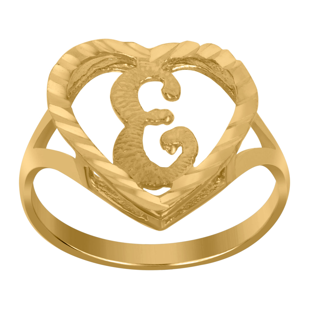 10kt Yellow Gold Womens Diamond-Cut Textured Heart Initial Letter E Band Ring