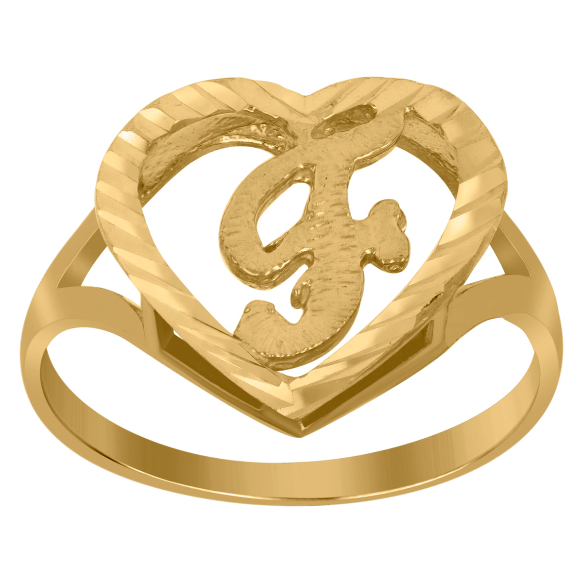 10kt Yellow Gold Womens Diamond-Cut Textured Heart Initial Letter F Band Ring