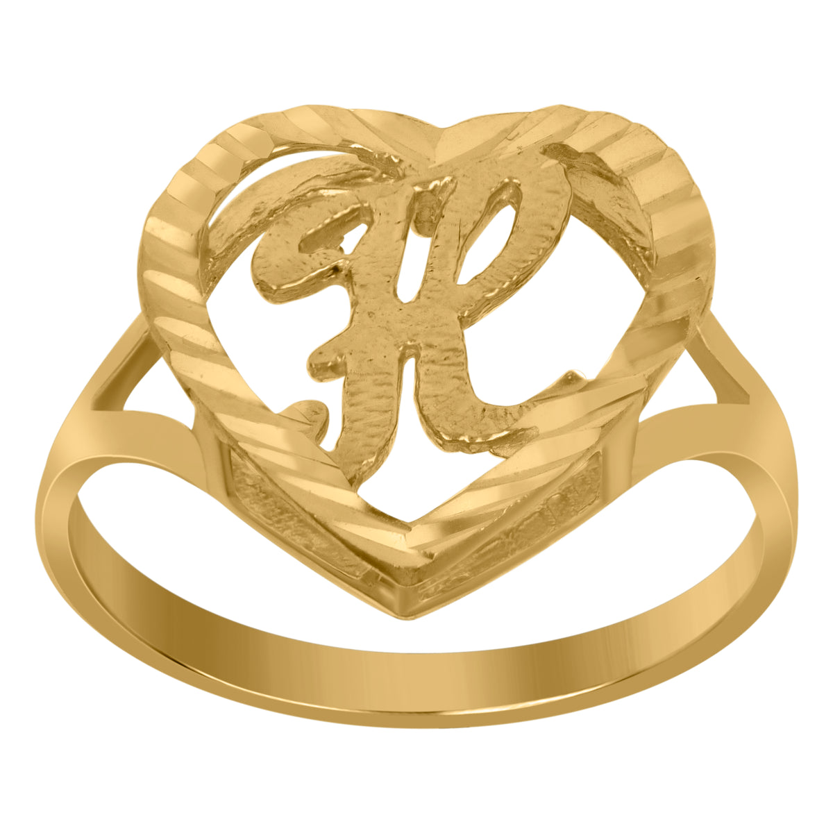 10kt Yellow Gold Womens Diamond-Cut Textured Heart Initial Letter H Band Ring