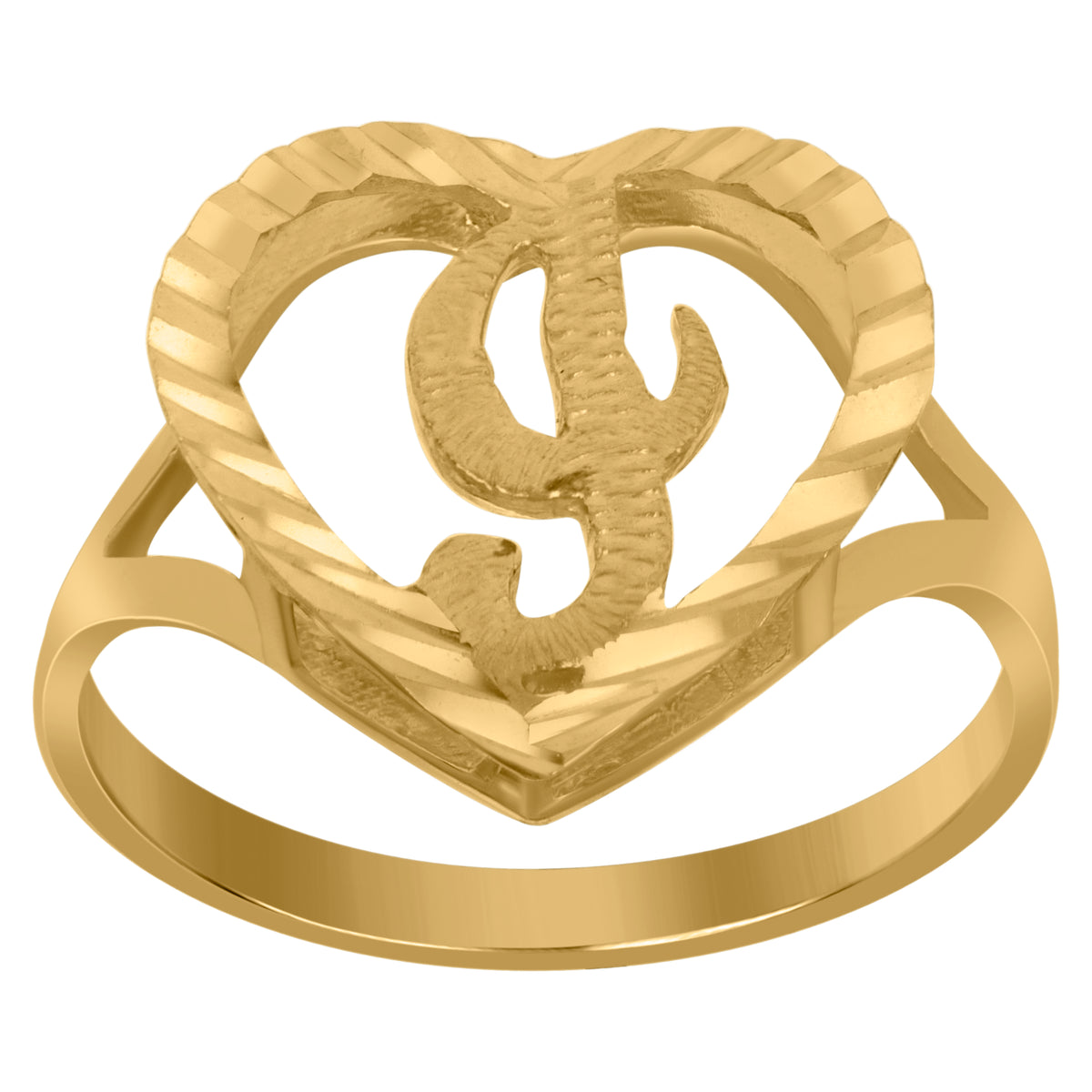 10kt Yellow Gold Womens Diamond-Cut Textured Heart Initial Letter I Band Ring