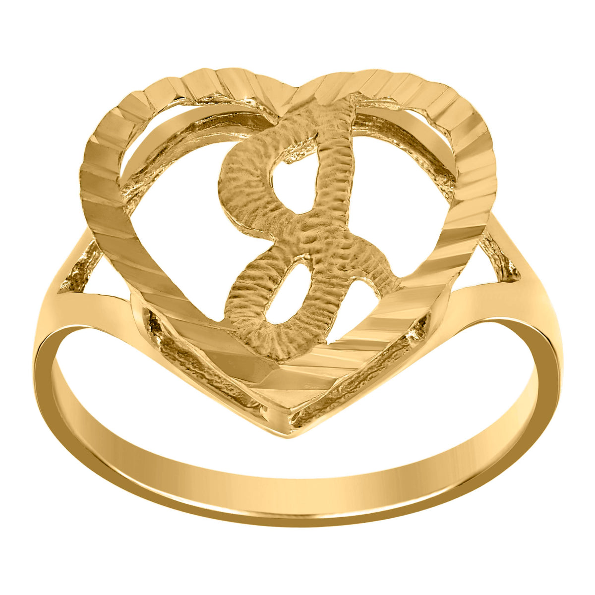 10kt Yellow Gold Womens Diamond-Cut Textured Heart Initial Letter J Band Ring