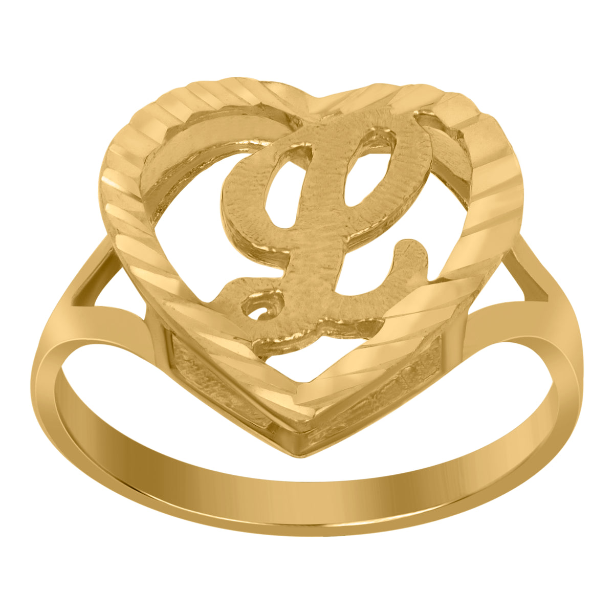 10kt Yellow Gold Womens Diamond-Cut Textured Heart Initial Letter L Band Ring