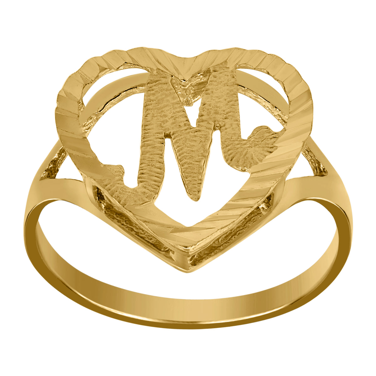 10kt Yellow Gold Womens Diamond-Cut Textured Heart Initial Letter M Band Ring