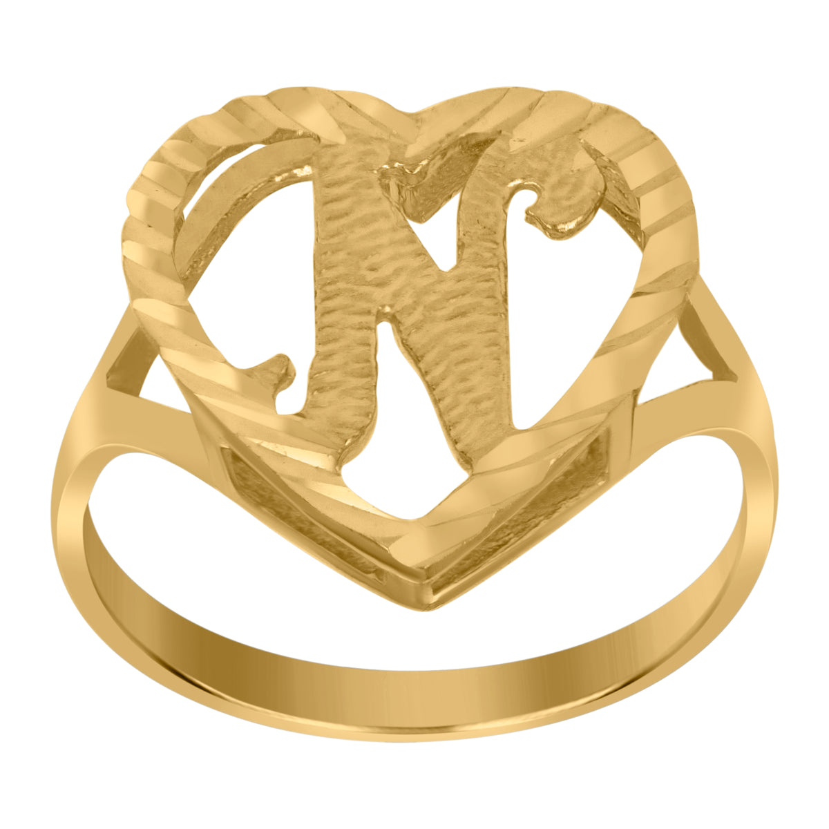 10kt Yellow Gold Womens Diamond-Cut Textured Heart Initial Letter N Band Ring