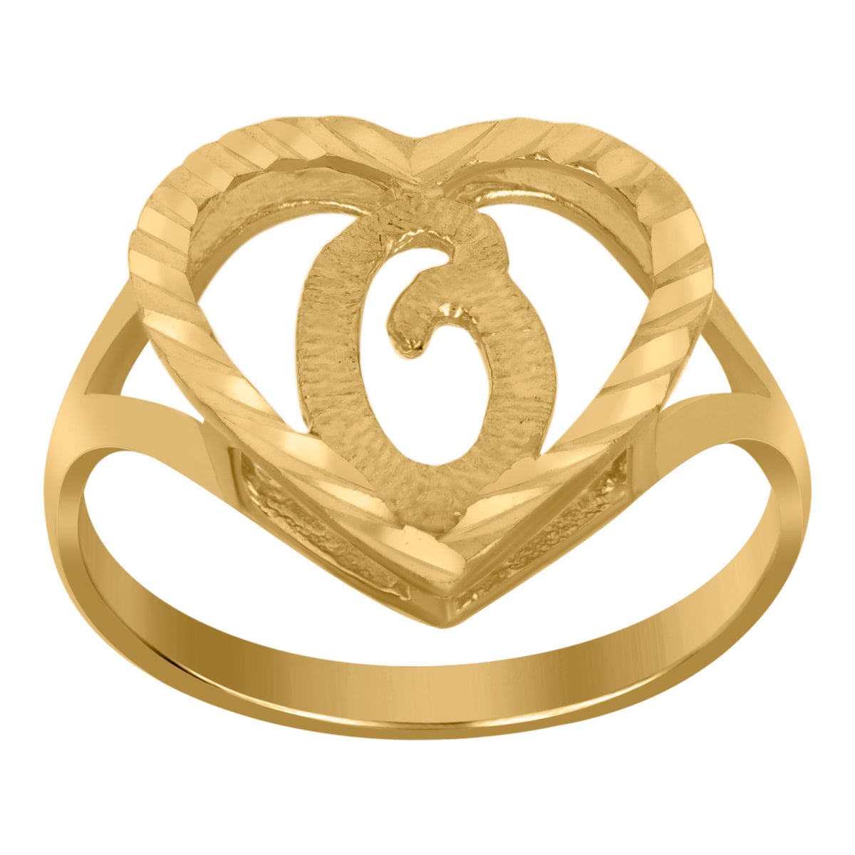 10kt Yellow Gold Womens Diamond-Cut Textured Heart Initial Letter O Band Ring