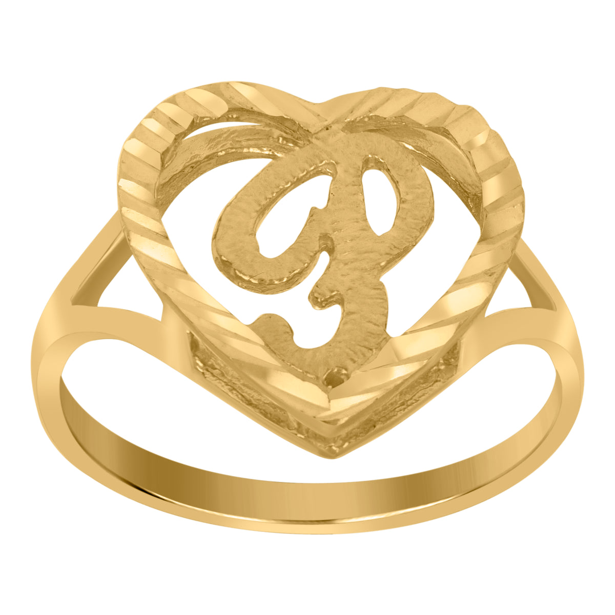 10kt Yellow Gold Womens Diamond-Cut Textured Heart Initial Letter P Band Ring