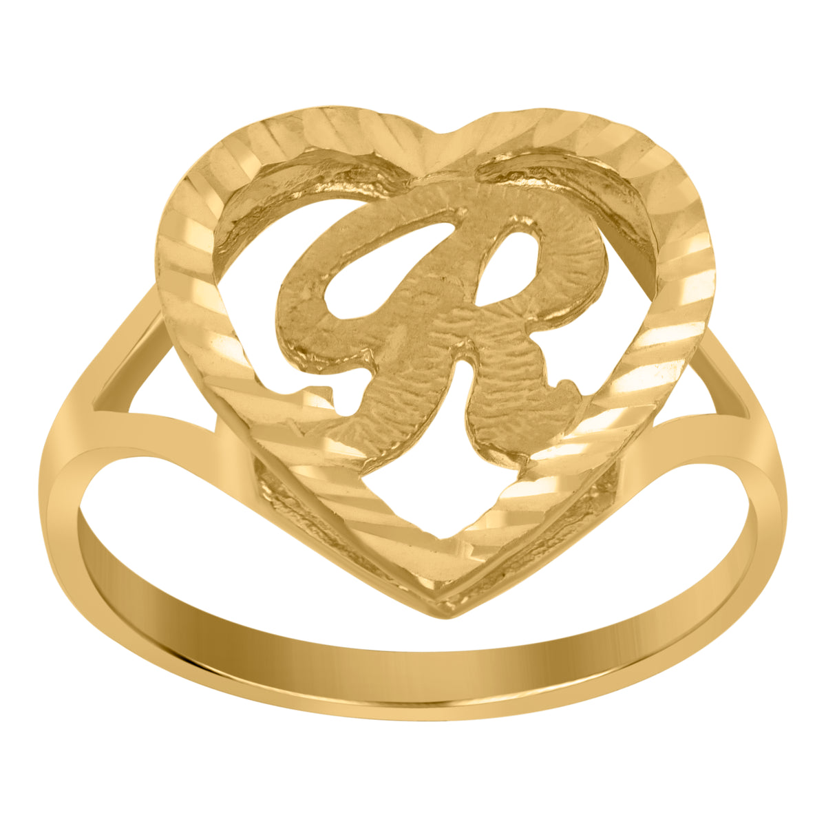 10kt Yellow Gold Womens Diamond-Cut Textured Heart Initial Letter R Band Ring