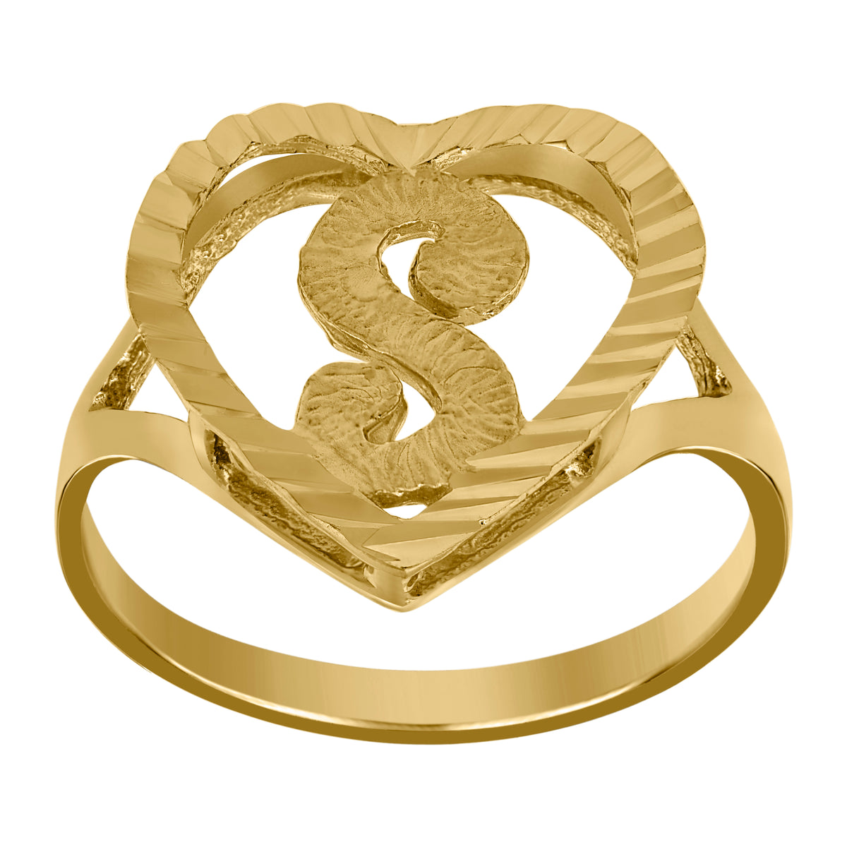10kt Yellow Gold Womens Diamond-Cut Textured Heart Initial Letter S Band Ring
