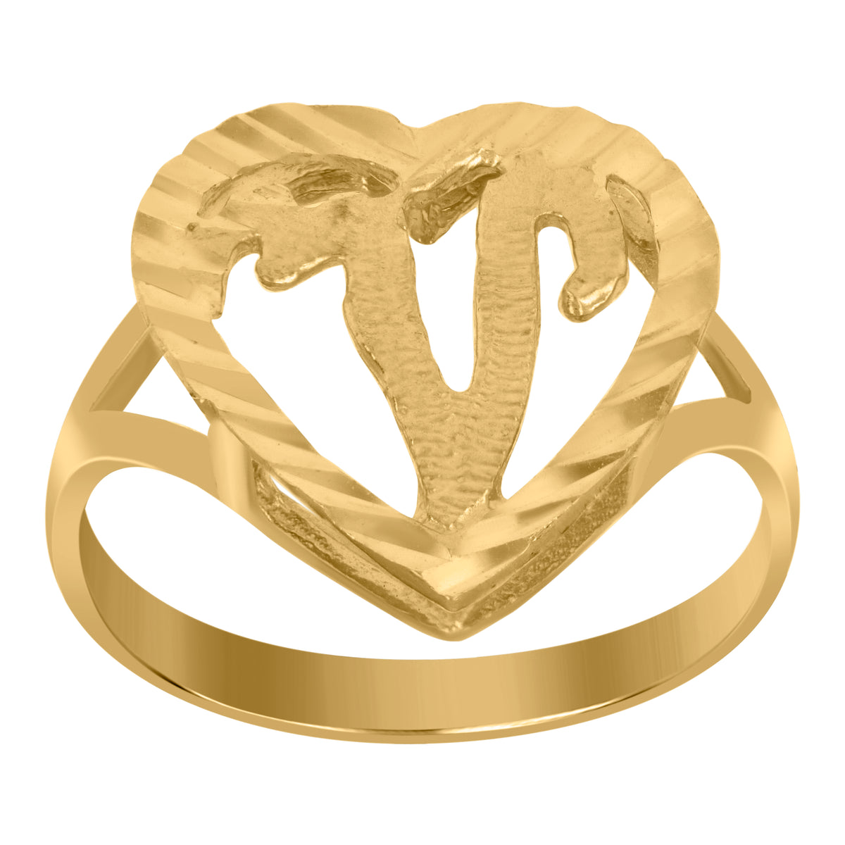 10kt Yellow Gold Womens Diamond-Cut Textured Heart Initial Letter V Band Ring