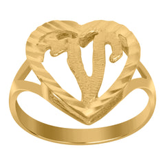 10kt Yellow Gold Womens Diamond-Cut Textured Heart Initial Letter V Band Ring