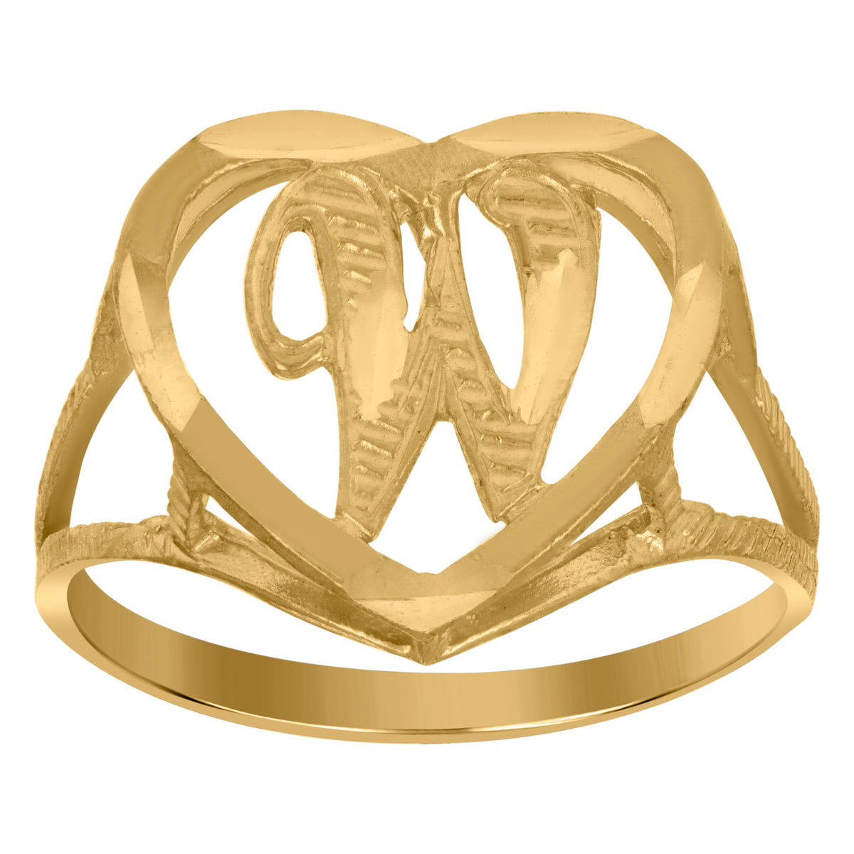 10kt Yellow Gold Womens Diamond-Cut Textured Heart Initial Letter W Band Ring