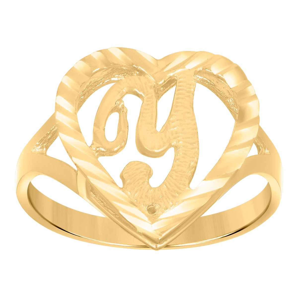 10kt Yellow Gold Womens Diamond-Cut Textured Heart Initial Letter Y Band Ring