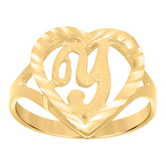 10kt Yellow Gold Womens Diamond-Cut Textured Heart Initial Letter Y Band Ring