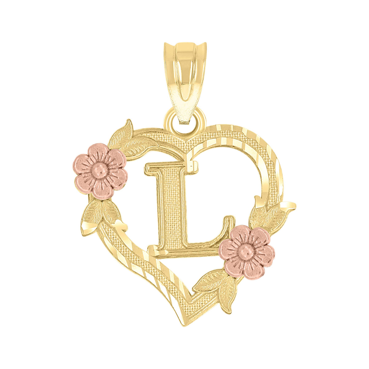 10kt Two-Tone Gold Womens Heart Flower Initial Letter L Charm Pendant