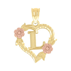 10kt Two-Tone Gold Womens Heart Flower Initial Letter L Charm Pendant