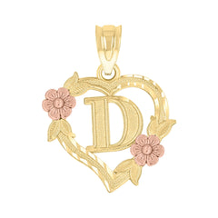 10kt Two-Tone Gold Womens Heart Flower Initial Letter D Charm Pendant