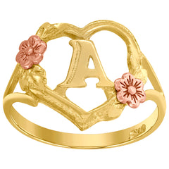 10Kt Two-Tone Gold Womens Dc Textured Initial Letter A Heart Band Ring
