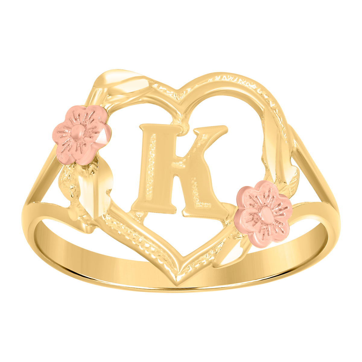 10Kt Two-Tone Gold Womens Dc Textured Initial Letter K Heart Band Ring