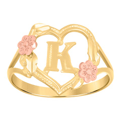 10Kt Two-Tone Gold Womens Dc Textured Initial Letter K Heart Band Ring