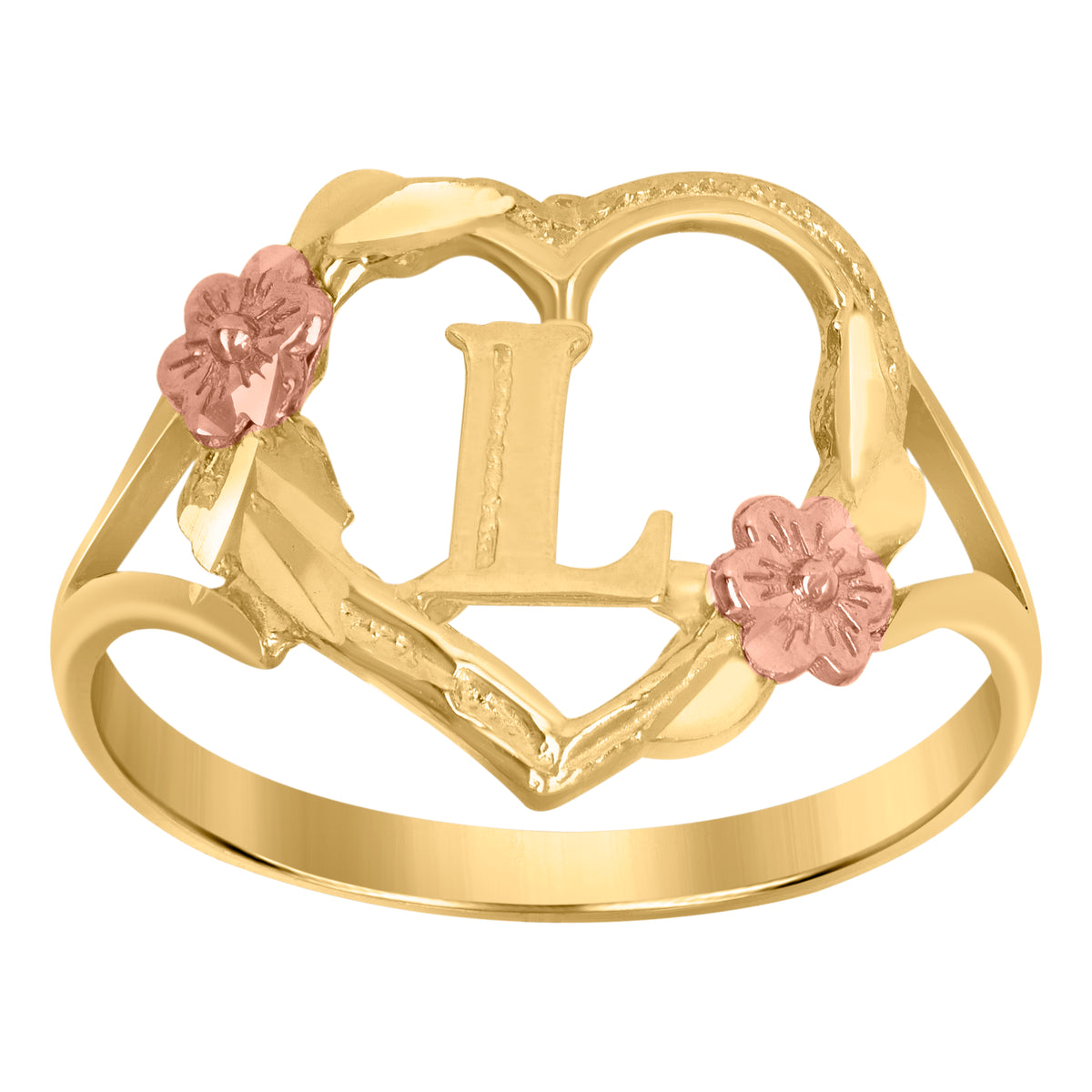 10Kt Two-Tone Gold Womens Dc Textured Initial Letter L Heart Band Ring