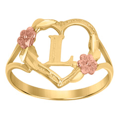 10Kt Two-Tone Gold Womens Dc Textured Initial Letter L Heart Band Ring