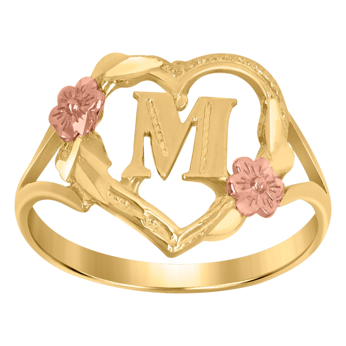10Kt Two-Tone Gold Womens Dc Textured Initial Letter M Heart Band Ring