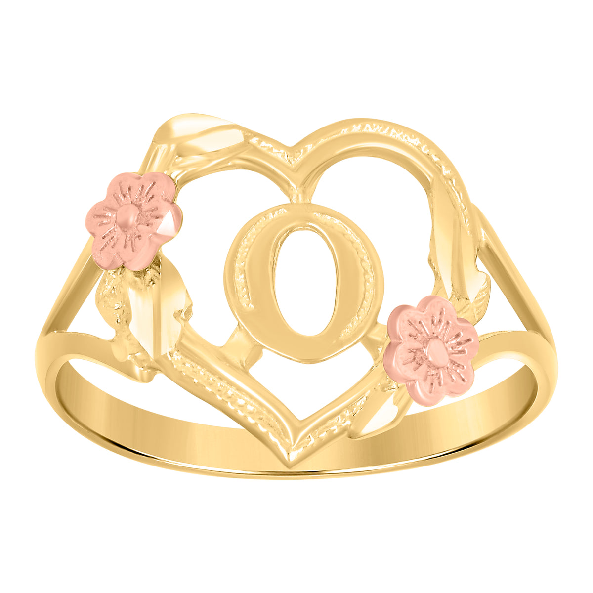 10Kt Two-Tone Gold Womens Dc Textured Initial Letter O Heart Band Ring
