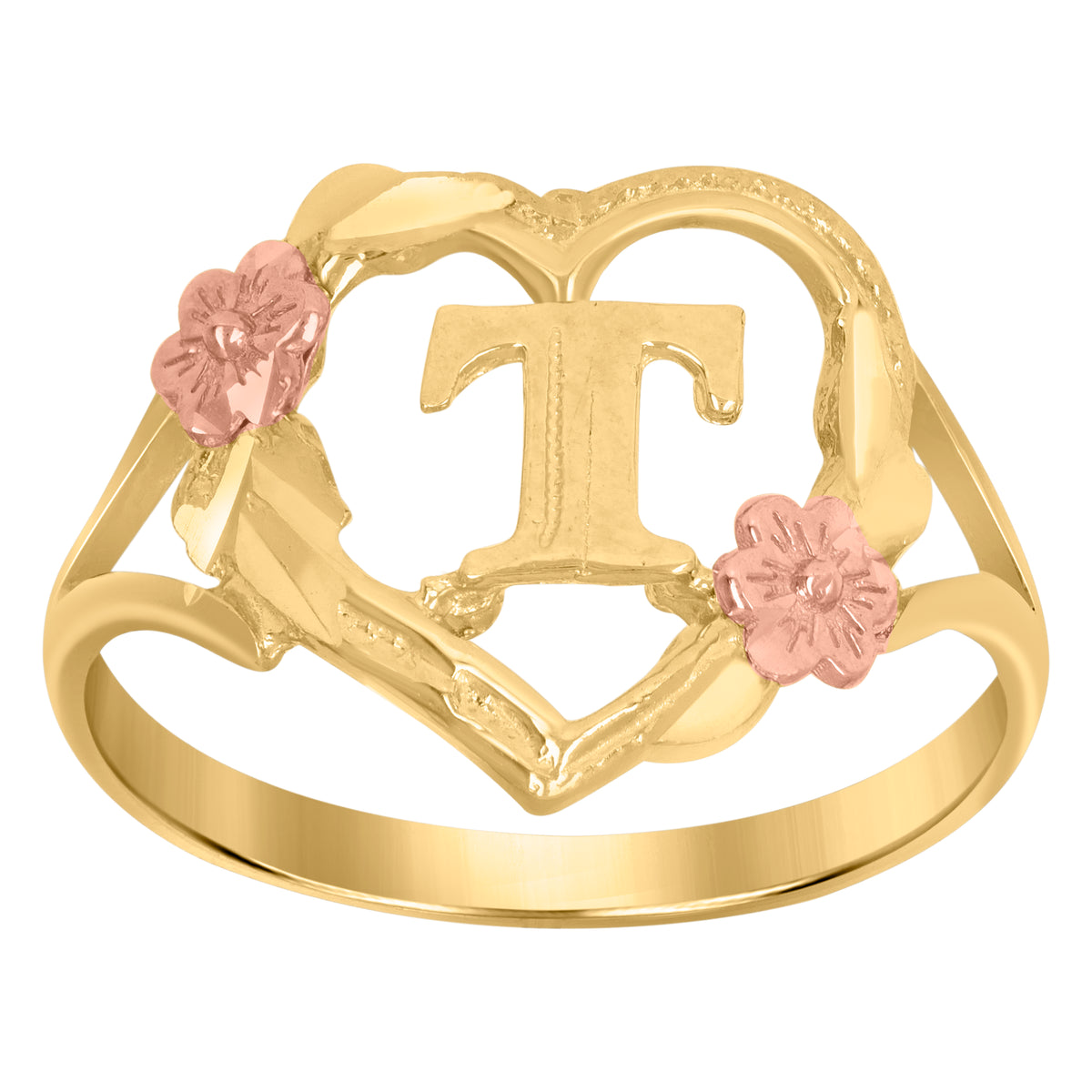 10Kt Two-Tone Gold Womens Dc Textured Initial Letter T Heart Band Ring