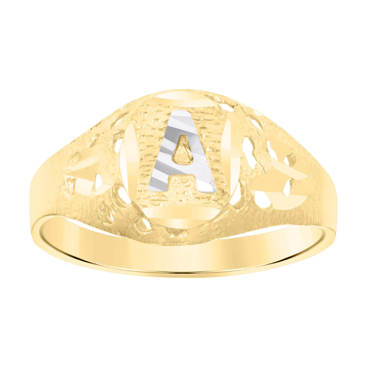 10kt Two-Tone Gold Baby Diamond-Cut Textured Oval Initial Letter A Band Ring
