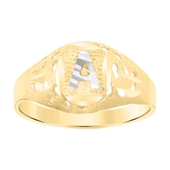 10kt Two-Tone Gold Baby Diamond-Cut Textured Oval Initial Letter A Band Ring