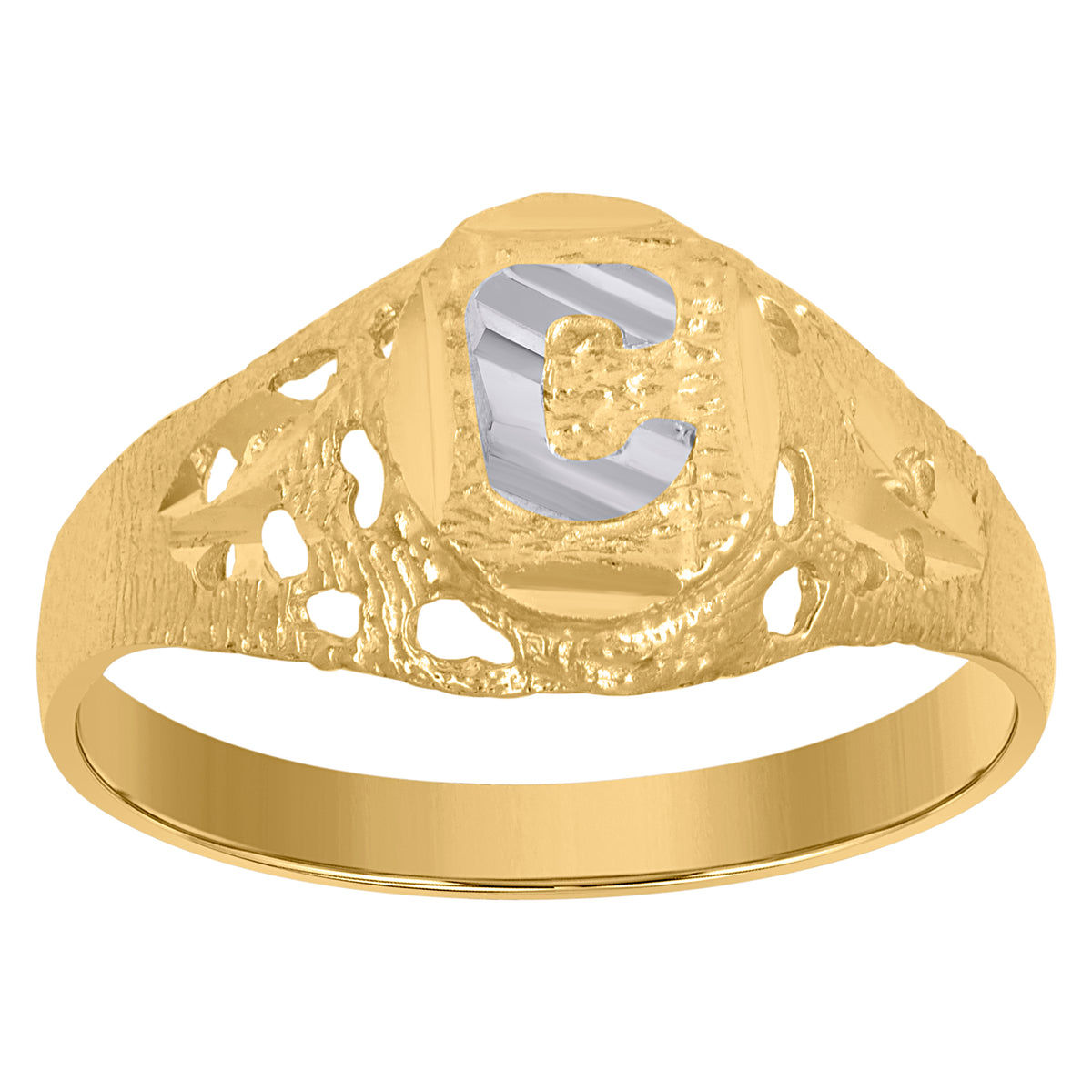 10kt Two-Tone Gold Mens Diamond-Cut Textured Oval Initial Letter C Band Ring