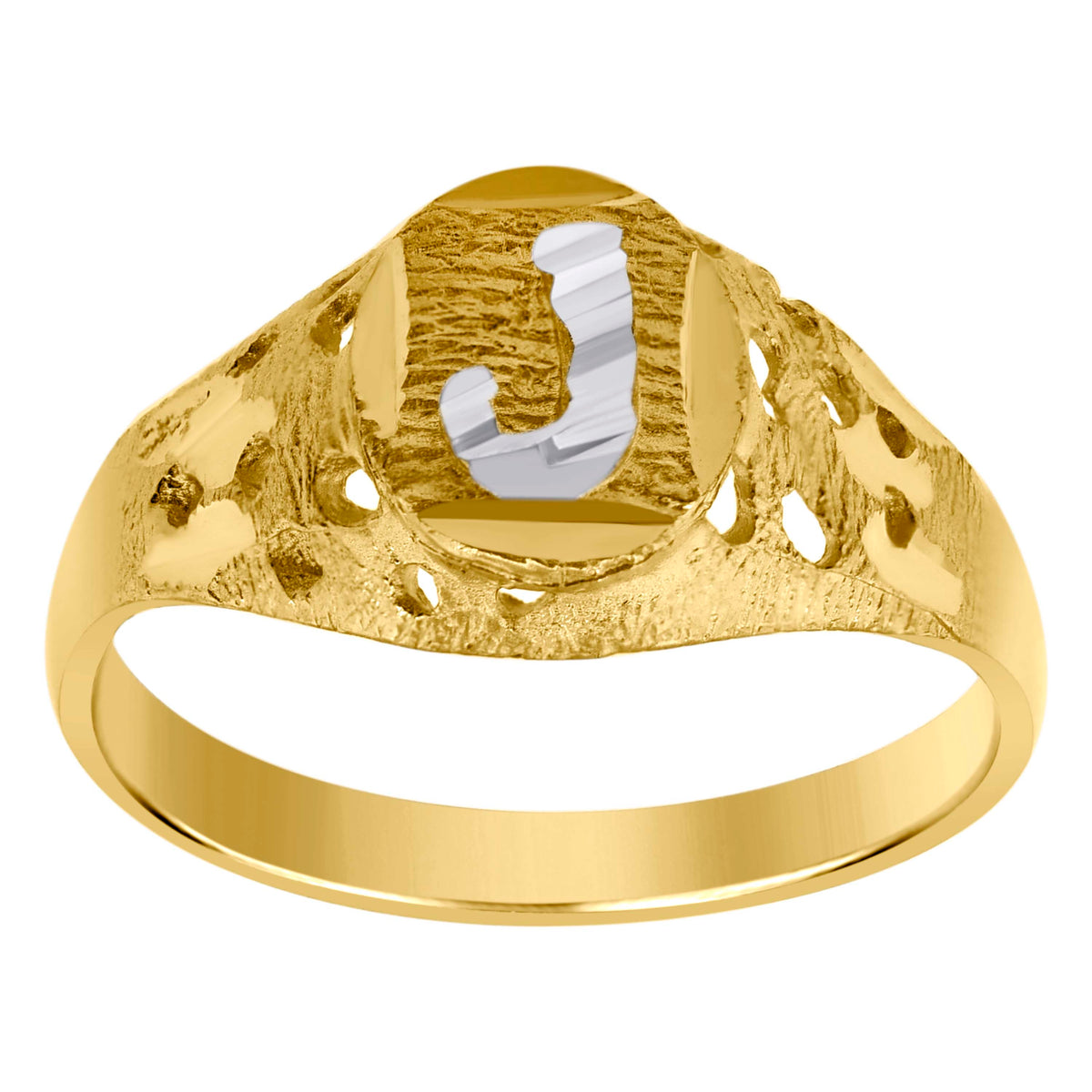 10kt Two-Tone Gold Mens Diamond-Cut Textured Oval Initial Letter J Band Ring