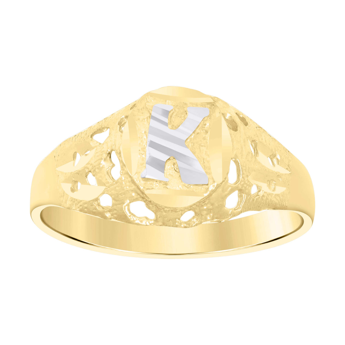 10kt Two-Tone Gold Mens Diamond-Cut Textured Oval Initial Letter K Band Ring