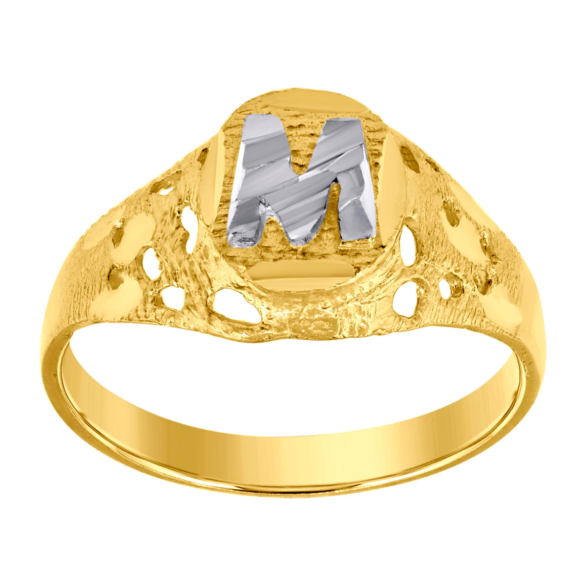 10kt Two-Tone Gold Mens Diamond-Cut Textured Oval Initial Letter M Band Ring