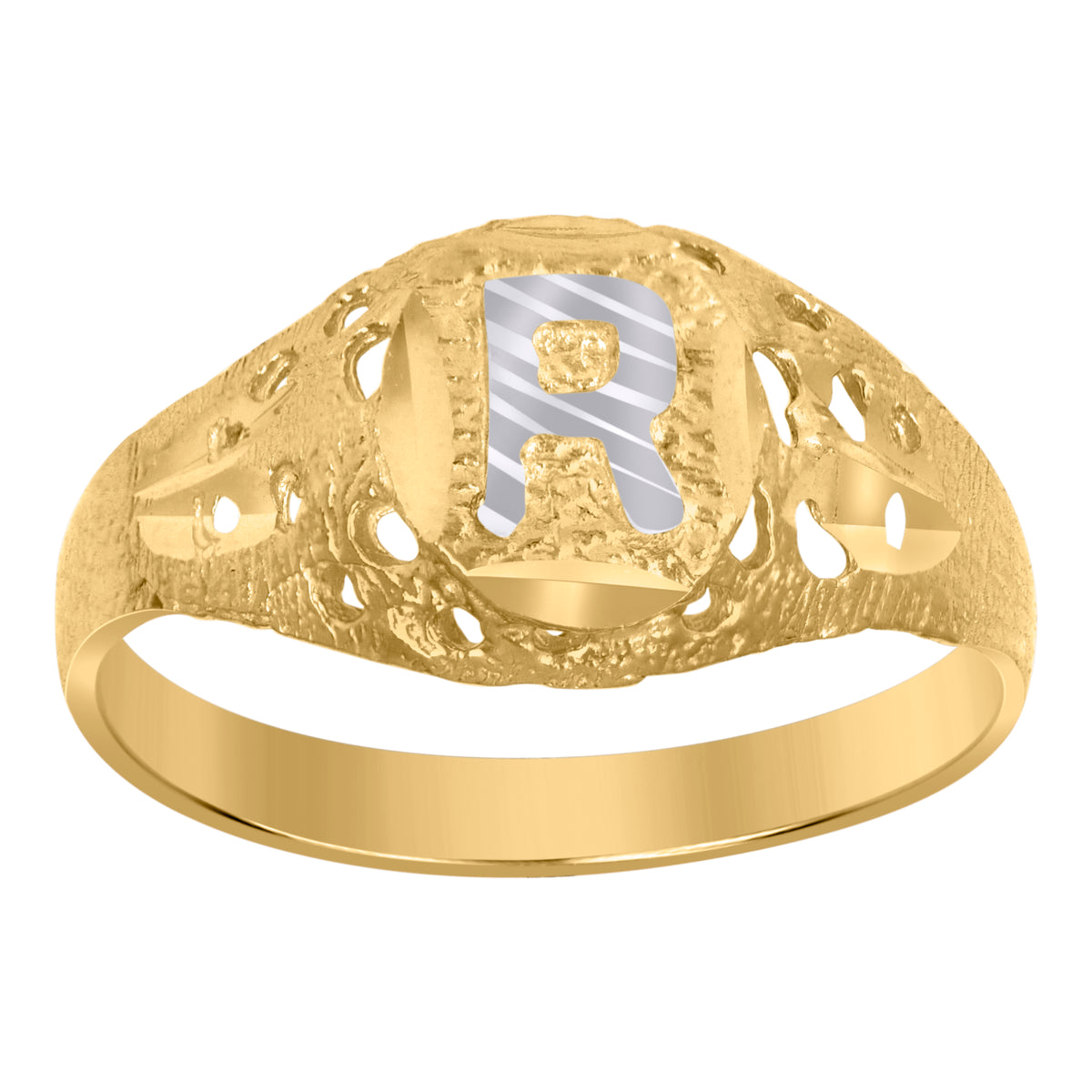 10kt Two-Tone Gold Mens Diamond-Cut Textured Oval Initial Letter R Band Ring