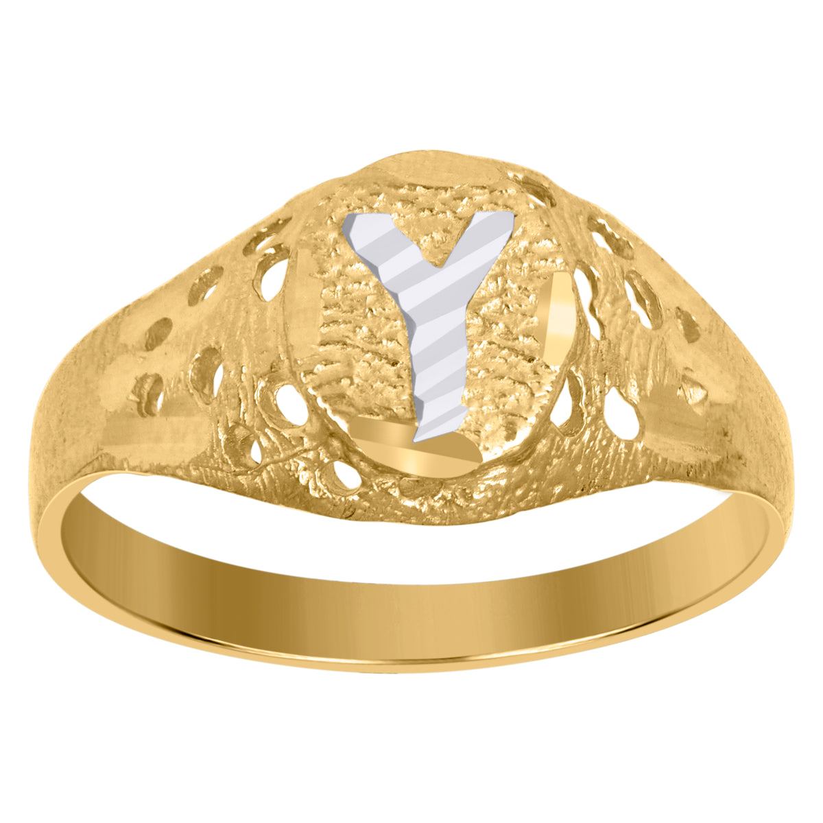 10kt Two-Tone Gold Mens Diamond-Cut Textured Oval Initial Letter Y Band Ring