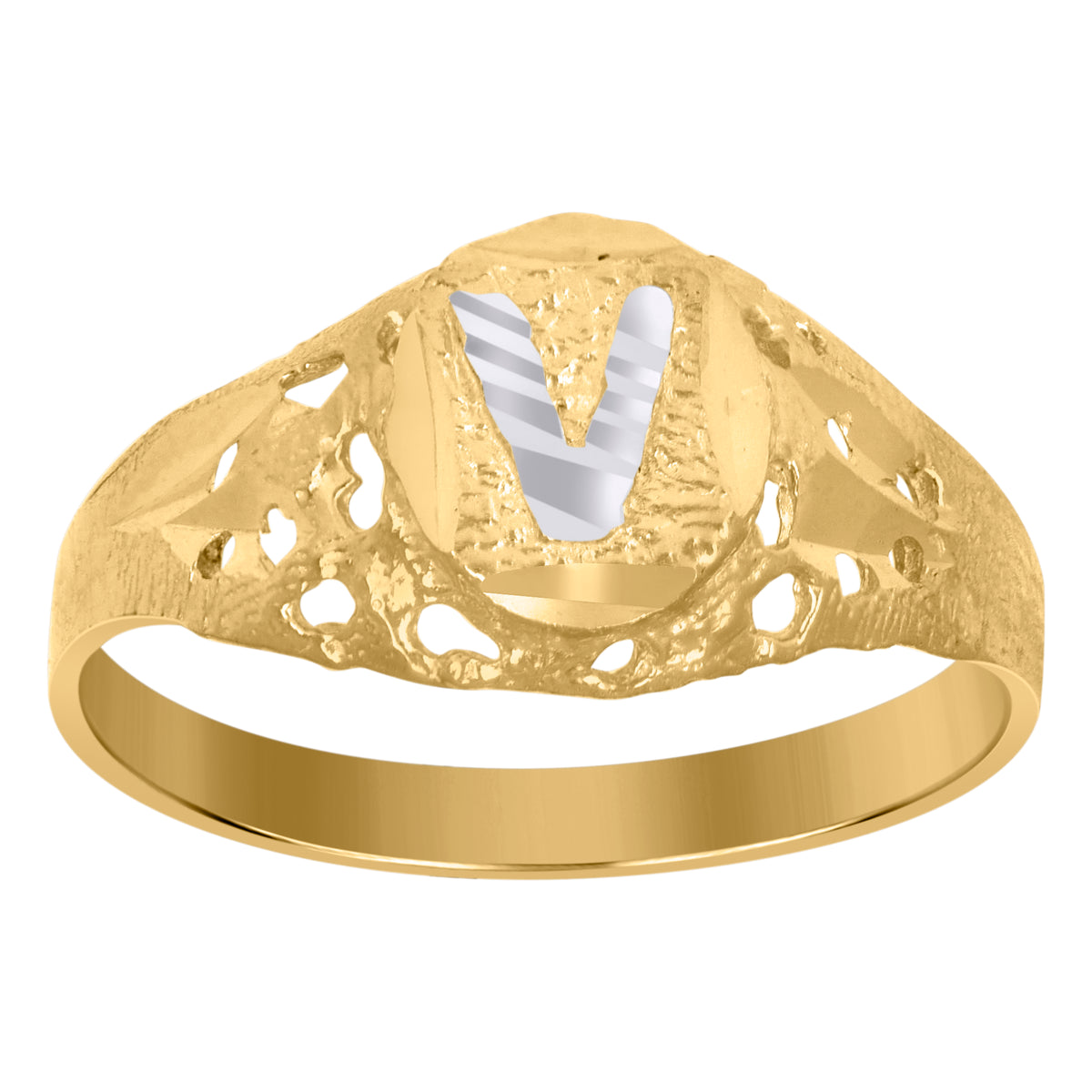10kt Two-Tone Gold Mens Diamond-Cut Textured Oval Initial Letter V Band Ring
