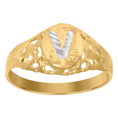 10kt Two-Tone Gold Mens Diamond-Cut Textured Oval Initial Letter V Band Ring