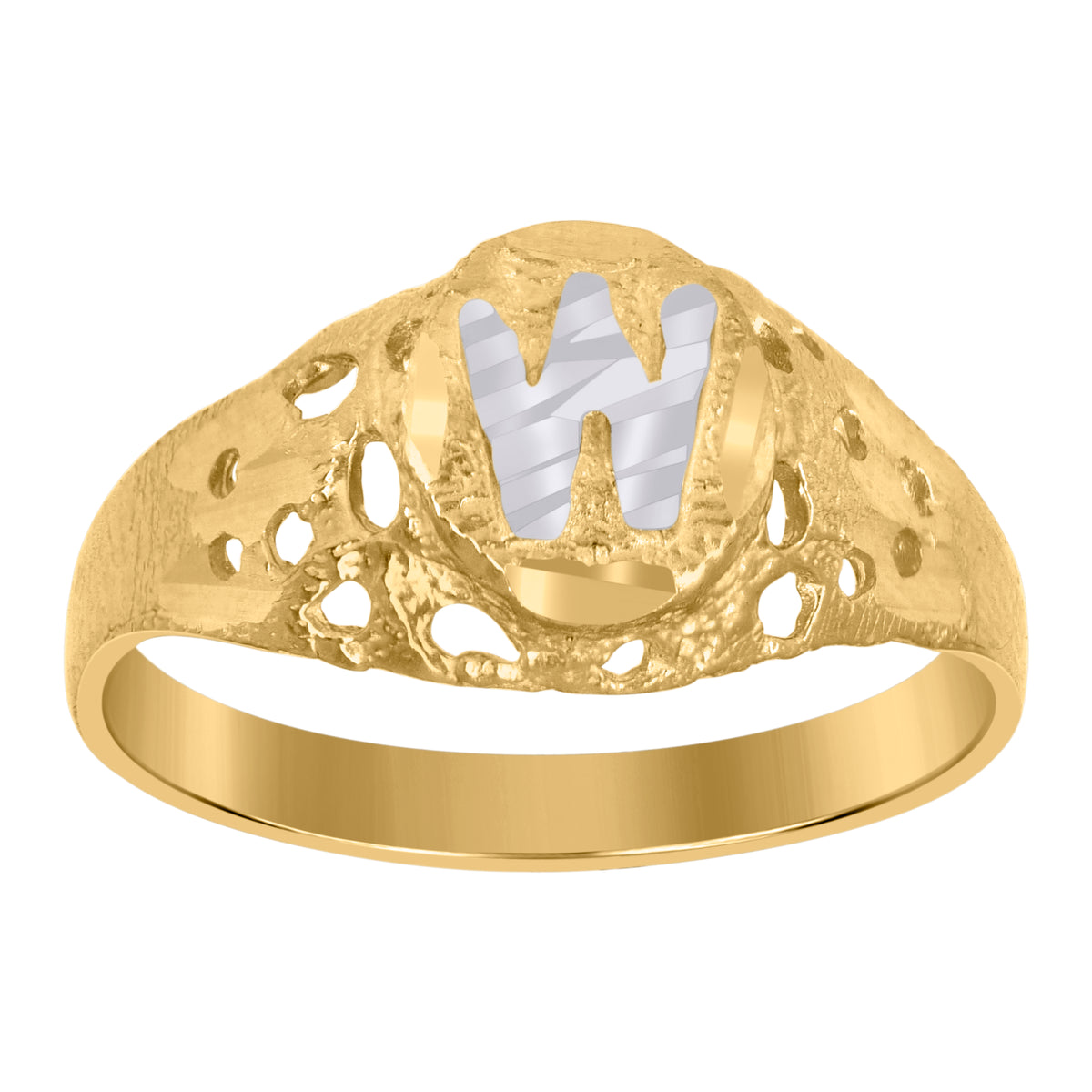 10kt Two-Tone Gold Mens Diamond-Cut Textured Oval Initial Letter W Band Ring