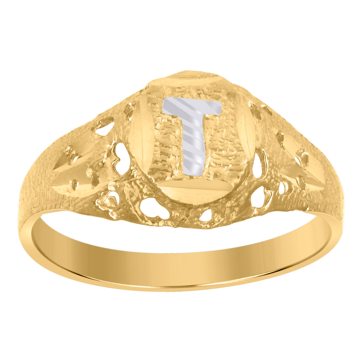 10kt Two-Tone Gold Mens Diamond-Cut Textured Oval Initial Letter T Band Ring