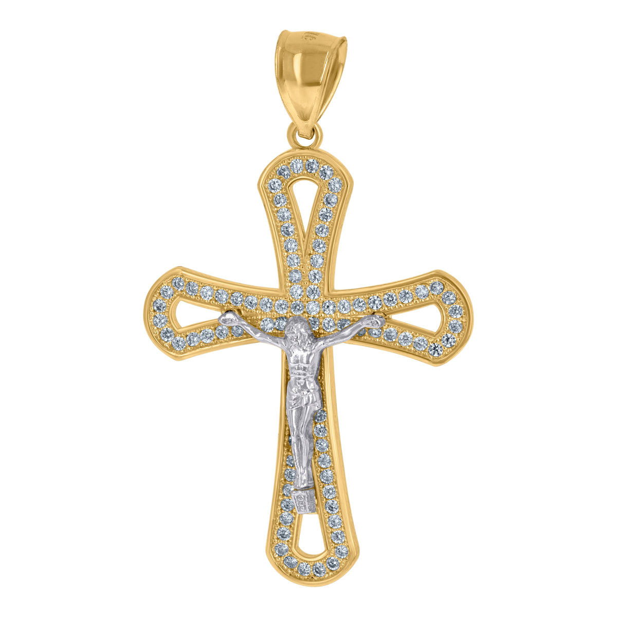 10kt Two-tone Gold Mens Cubic-Zirconia Crucifix Cross Religious Charm Pendant