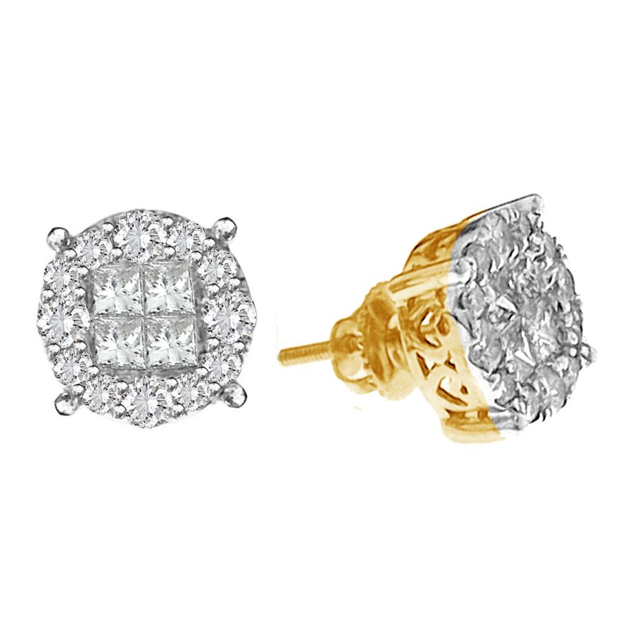 LADIES STUD EARRINGS 2.00CT ROUND/PRINCESS DIAMOND 14K YELLOW GOLD