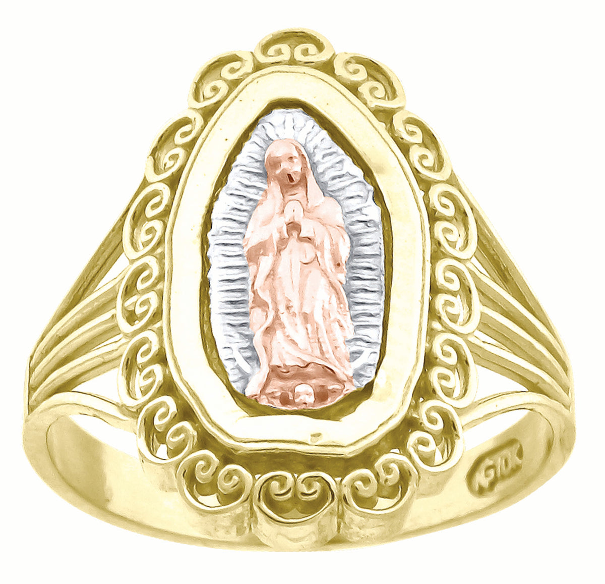 10Kt Tri-Color Gold Womens Textured Lady Of Guadalupe Religious Ring