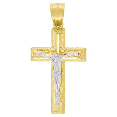10kt Yellow Gold Two-Tone Diamond-Cut Mens Cross Crucifix Religious Charm Pendant