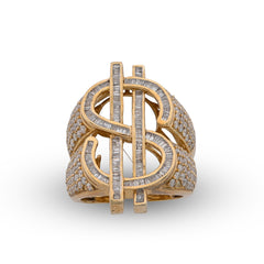 10k Gold Dollar Sign $ Baguette 4CTW Natural Diamond Two Row Pinky Ring 16gm For Mens