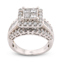 14k White Gold 2.56CTW Natural Diamond Princess Centre Square Halo Three Row Womens Promise Ring 8.3g