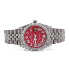 36MM All Steel White Rolex Datejust Red Face Roman Numeral Diamond Dial/Bezel 2.5CTW Jubilee Band Watch